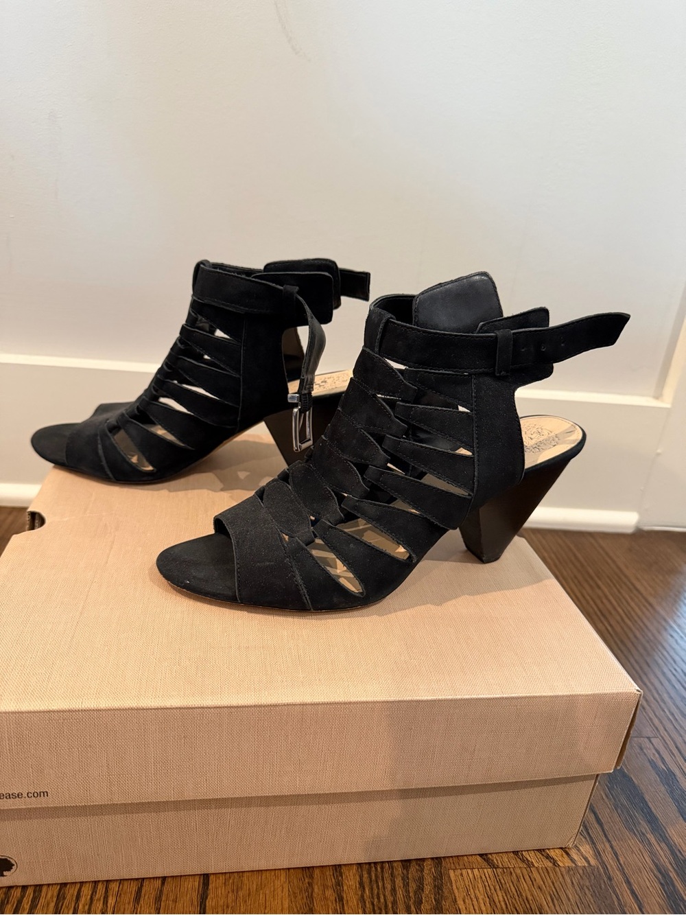 Vince Camuto Black Strappy Suede Cutout Heels